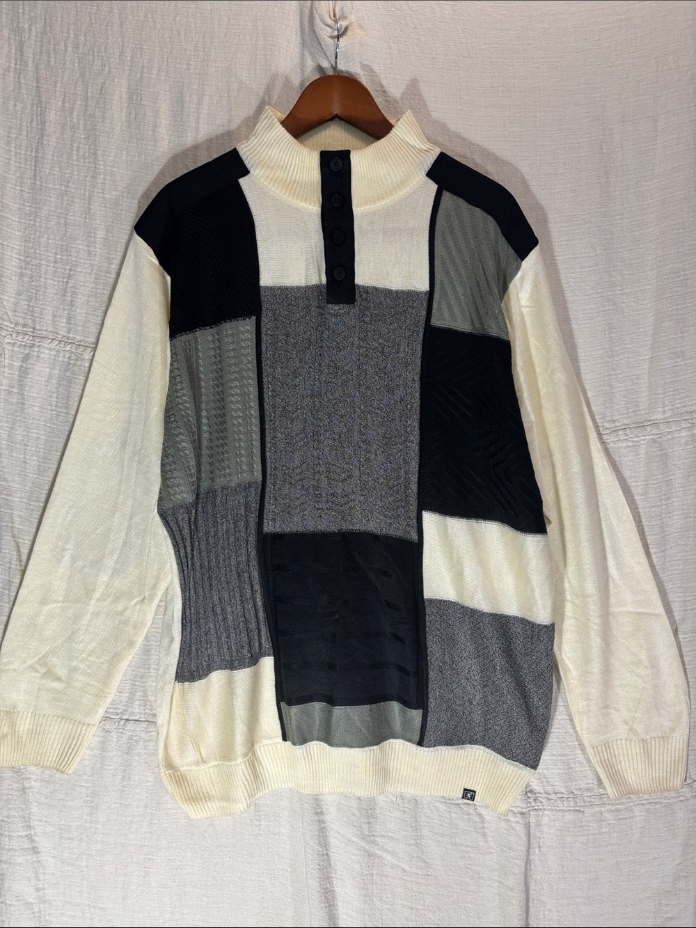 Vintage 90s Stacy Adams Patchwork Knit Mock Neck Sweater Mens XL Grandpacore